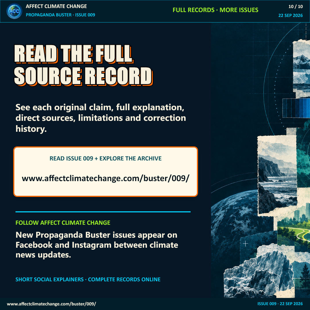 Closing page inviting readers to see each original claim, full explanation, direct sources, limitations, and correction history at www.affectclimatechange.com/buster/009/. It also invites readers to follow Affect Climate Change on Facebook and Instagram for new Propaganda Buster issues between climate news updates.