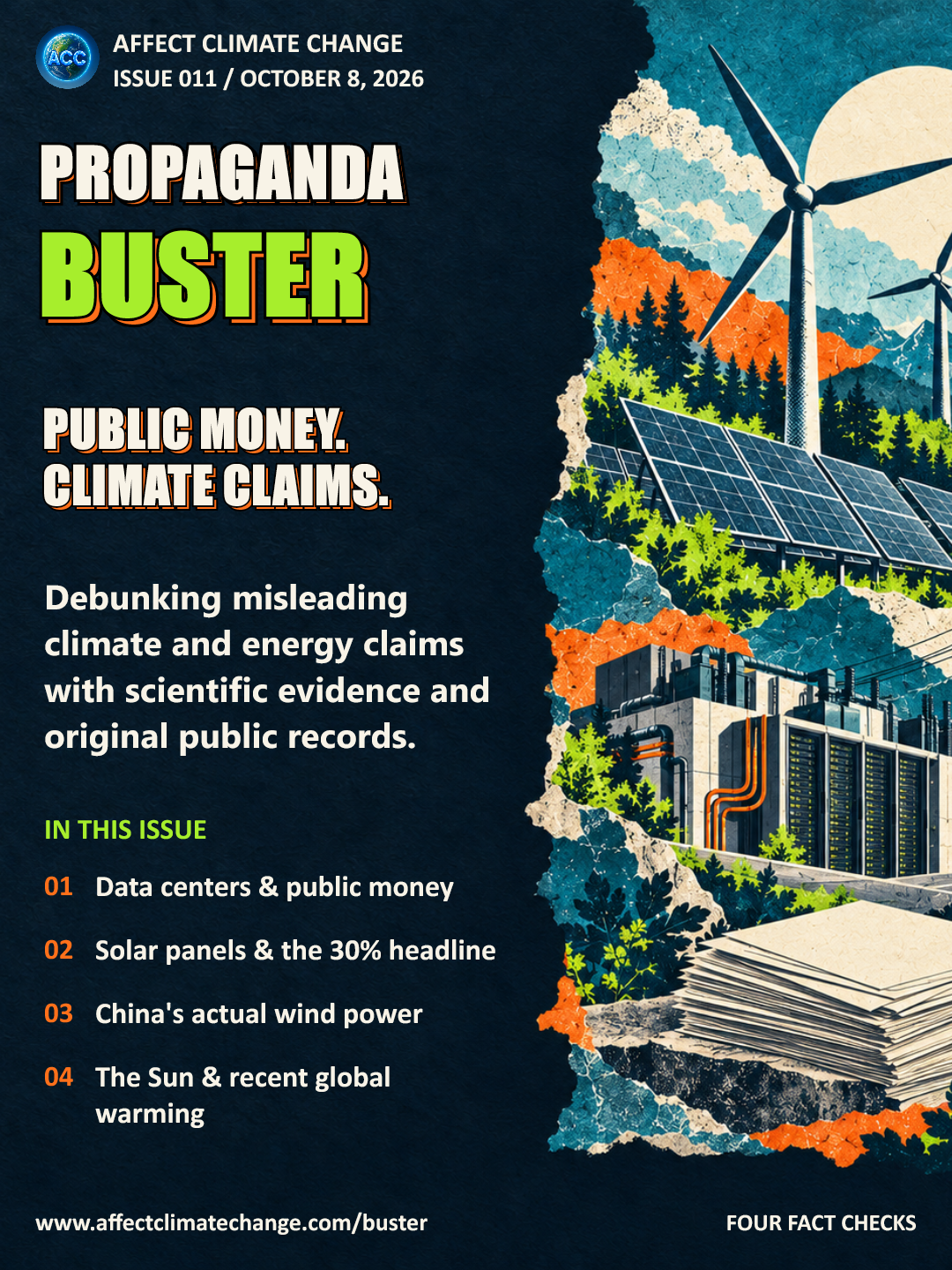 Propaganda Buster Issue 011 cover, October 8, 2026. Tactile navy, orange and lime design with an illustrative solar, wind and public-records collage. Four topics: data centers and public money, a solar-panel age statistic, China's wind power and the Sun's role in recent warming. All decorative art is generated, not evidence.